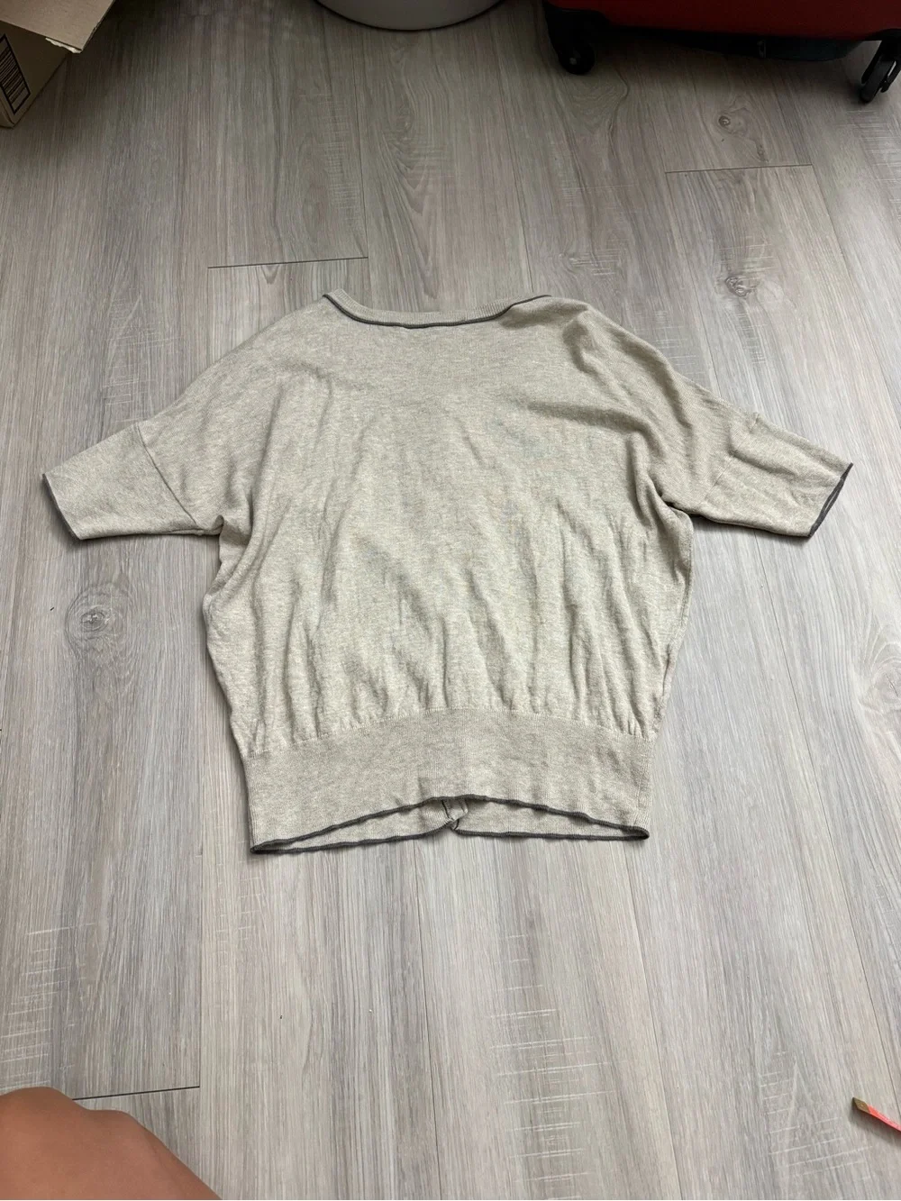 LOFT Light Beige Short-Sleeve Button Front Cardigan with Contrast Trim